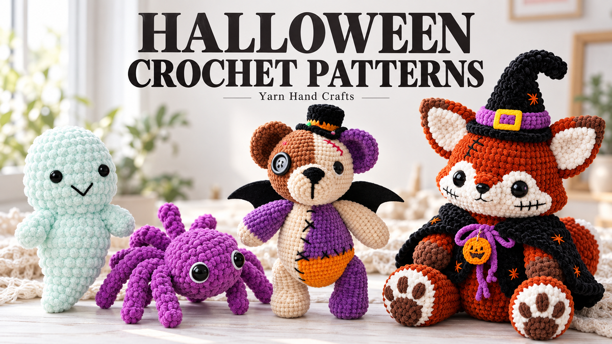 Halloween crochet patterns by Yarn Hand Crafts featuring plush amigurumi ghost, purple spider, zombie teddy bear, and witch fox