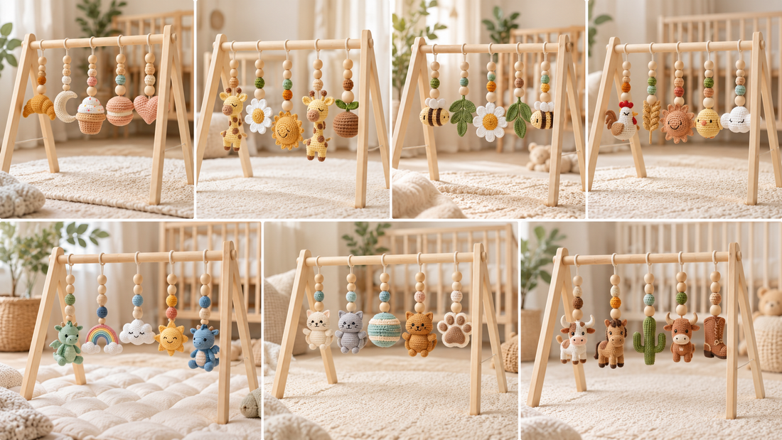 Collage of handmade crochet baby gym toys featuring woodland animals, giraffes, bees, flowers, rainbow, sun, clouds, cats, farm animals, cactus and other hanging toys on natural wooden baby gym frames.