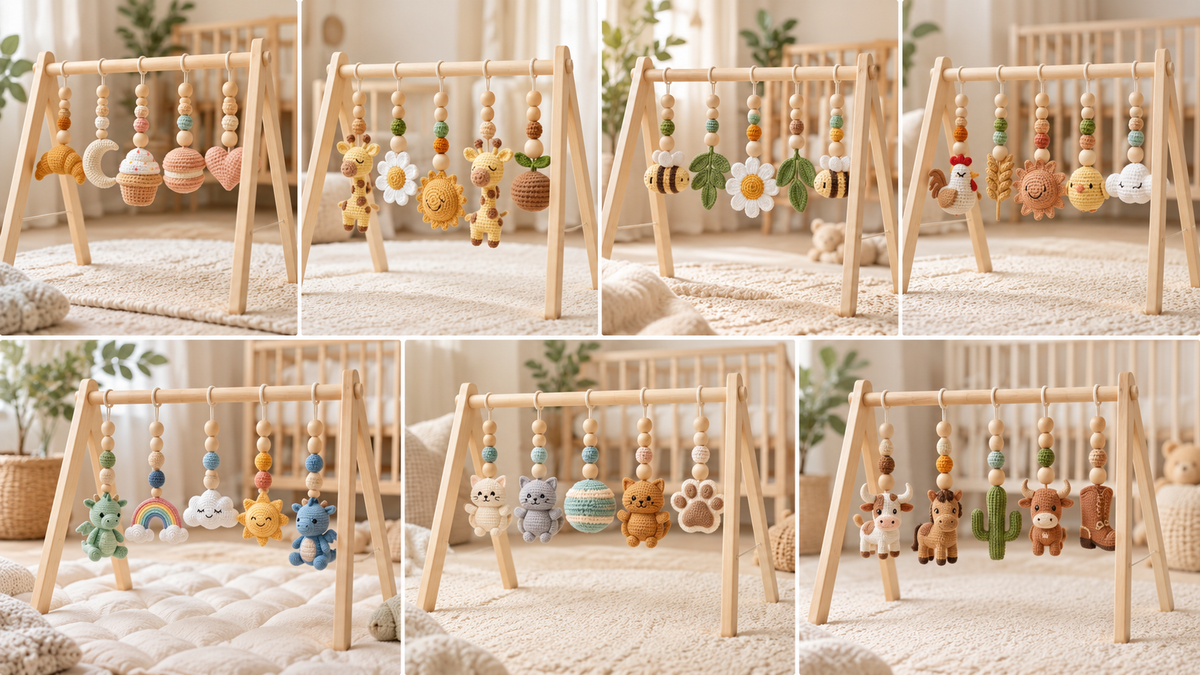 Collage of handmade crochet baby gym toys featuring woodland animals, giraffes, bees, flowers, rainbow, sun, clouds, cats, farm animals, cactus and other hanging toys on natural wooden baby gym frames.