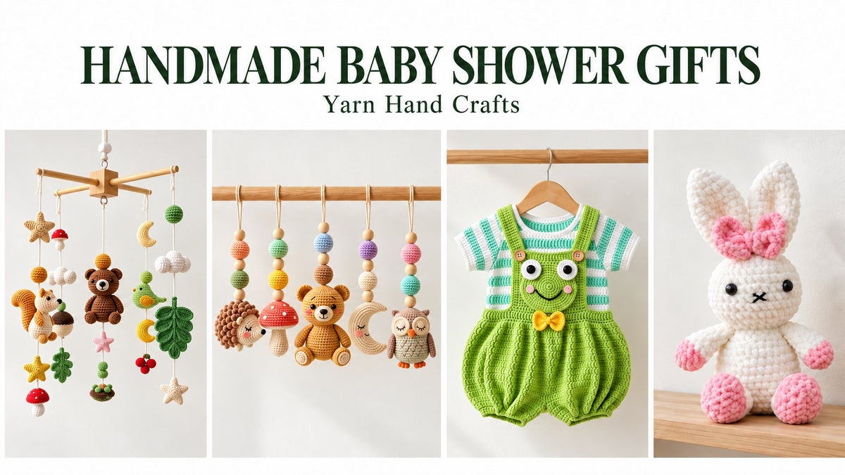 Handmade baby shower gifts set featuring crochet mobile, gym hanging toys, frog outfit, and bunny plush by Yarn Hand Crafts
