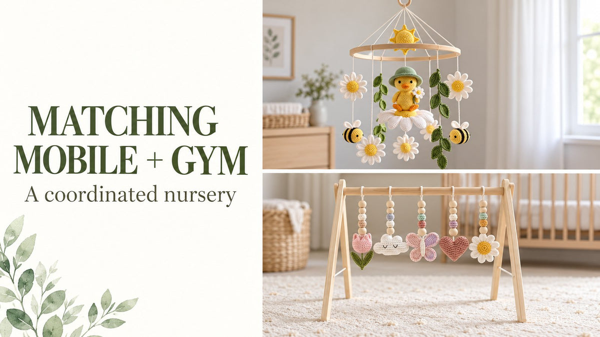Duck Daisy mobile and Floral Garden gym in separate panels beside the title Matching Mobile and Gym