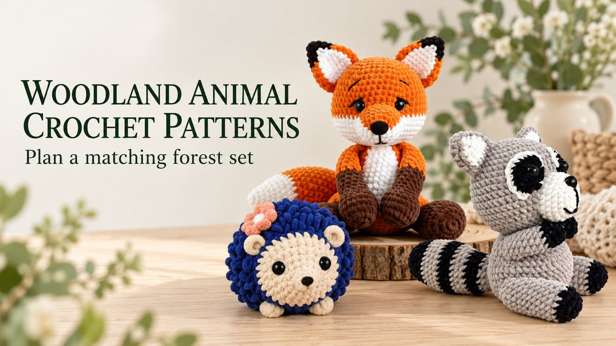 Seated crochet woodland animals including an orange fox, navy blue hedgehog with a flower, and gray raccoon arranged together on a shelf.