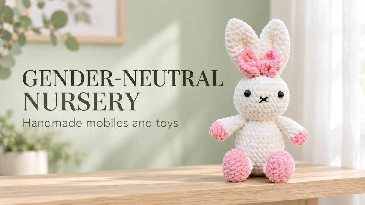White chenille crochet bunny with pink bow on a wooden shelf in a sage and cream gender-neutral nursery