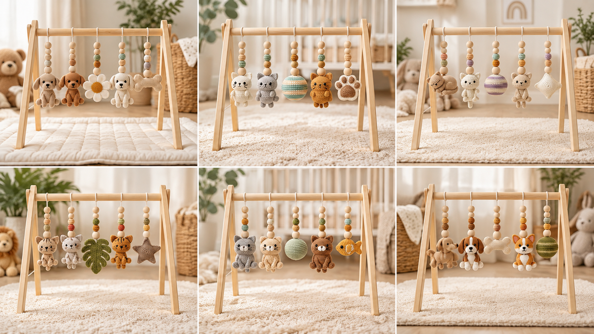 Handmade crochet baby gym toys featuring woodland animals, cats, dogs and soft nursery designs displayed on wooden baby gym frames.