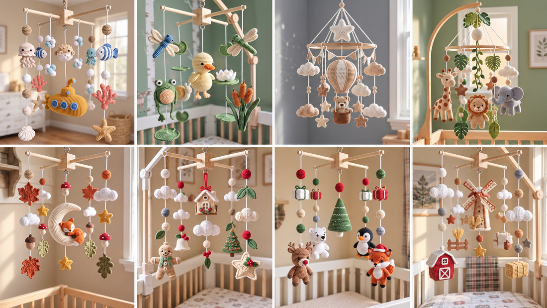 Collection of handmade crochet baby mobiles with ocean, safari, woodland, Christmas, hot air balloon and farmhouse nursery themes