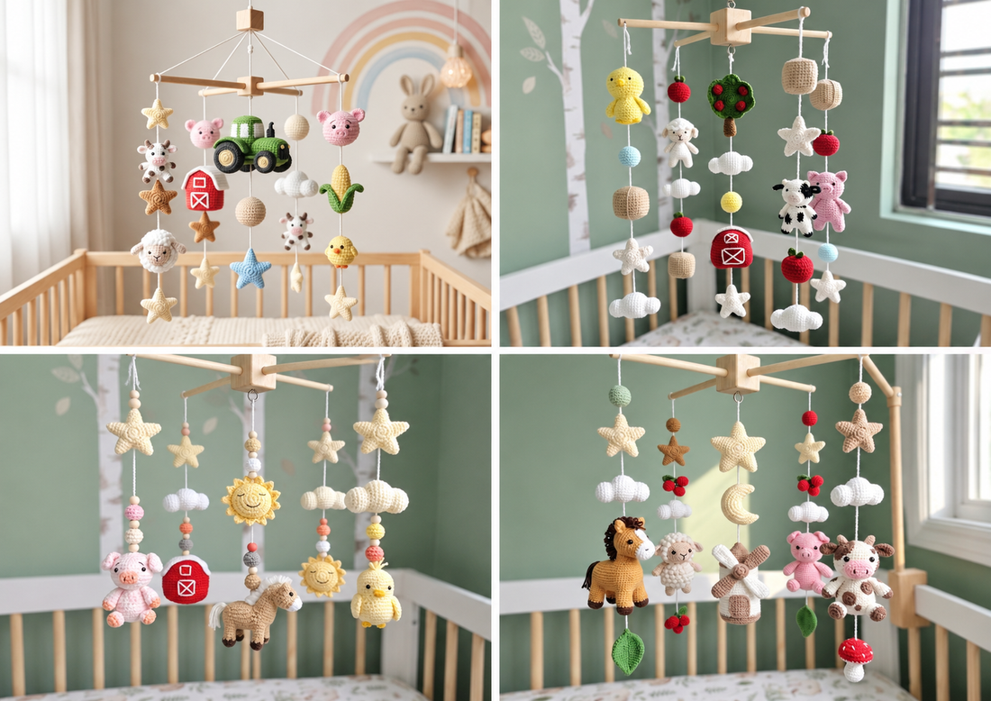 Crochet farm animal baby crib mobile collection with horse, sheep, pig, cow, chick, tractor, barn and countryside nursery designs