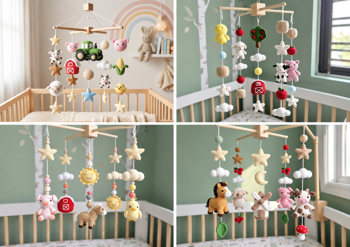 Crochet farm animal baby crib mobile collection with horse, sheep, pig, cow, chick, tractor, barn and countryside nursery designs
