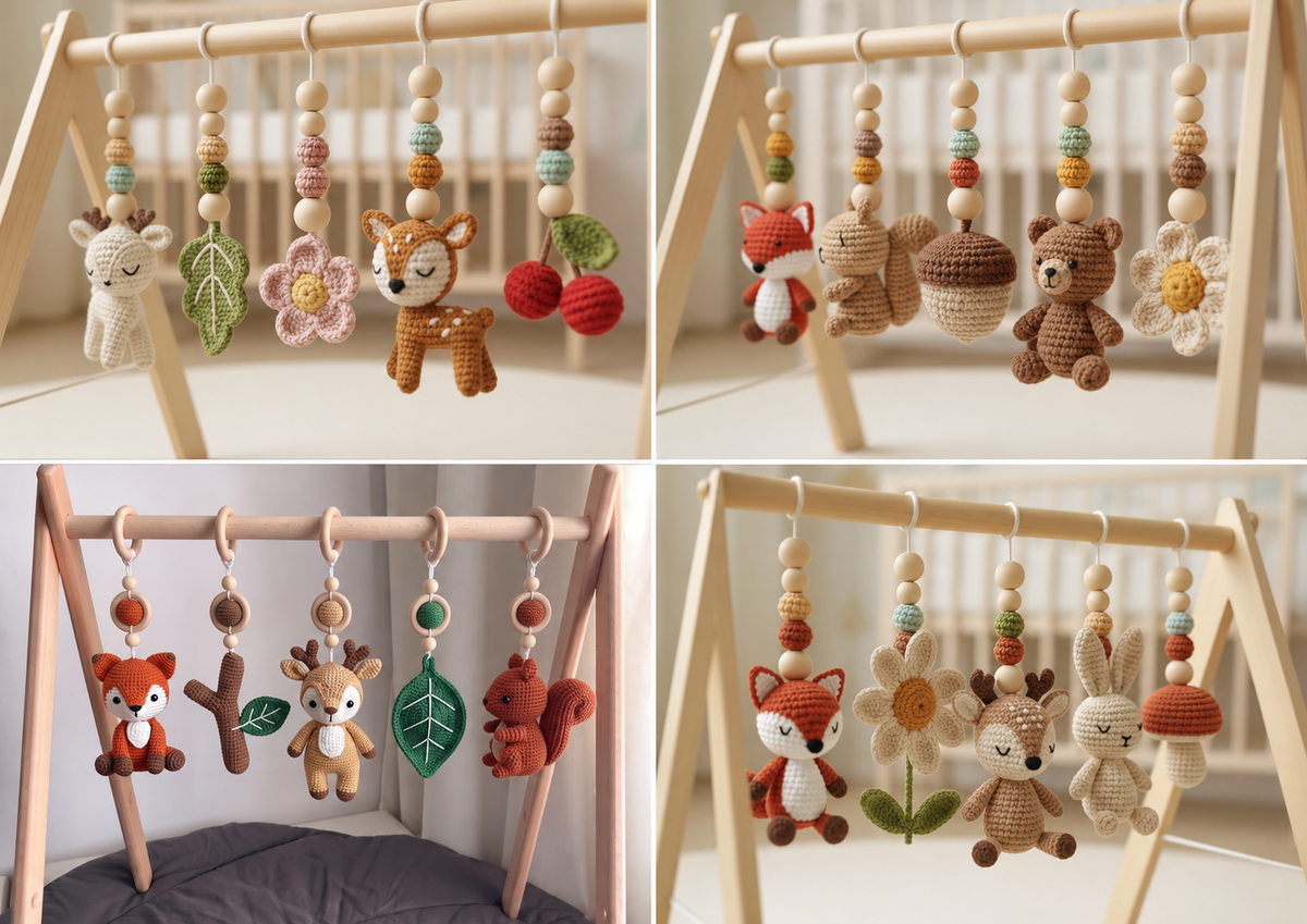 Handmade crochet forest baby gym toys with fox, deer, squirrel, bunny, bear, leaves, flowers and woodland nursery accessories.