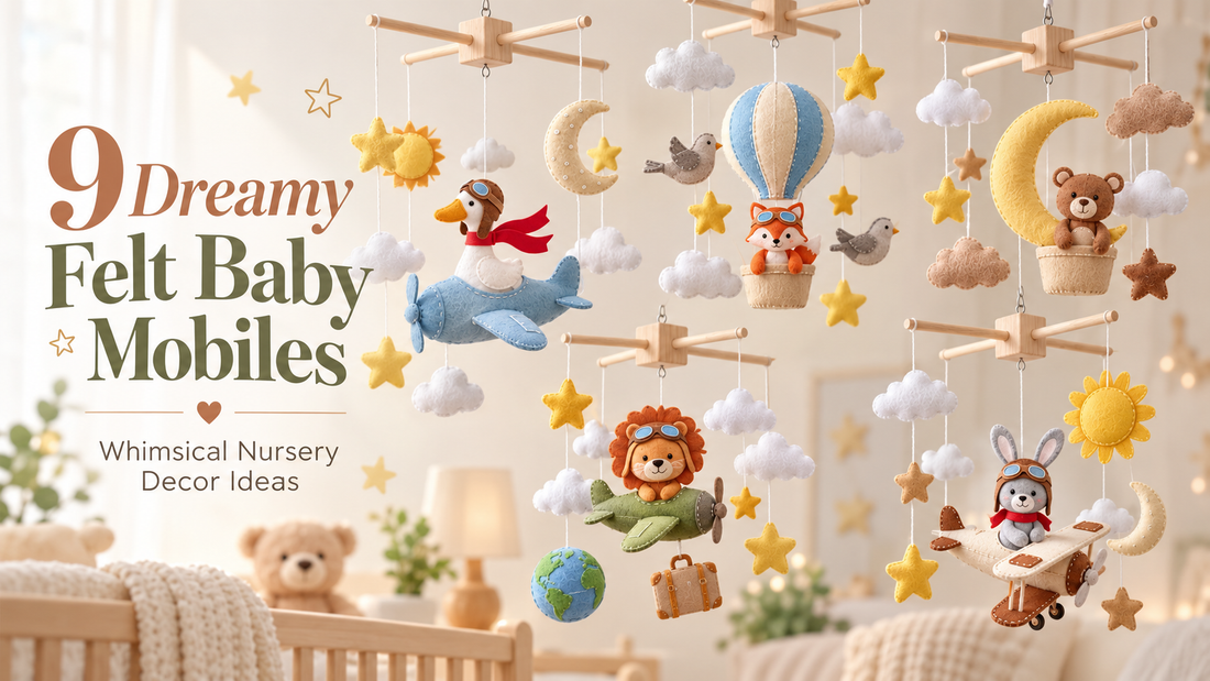 Felt Baby Mobile nursery decor ideas featuring handmade animal pilot, airplane, hot air balloon, moon, clouds and stars
