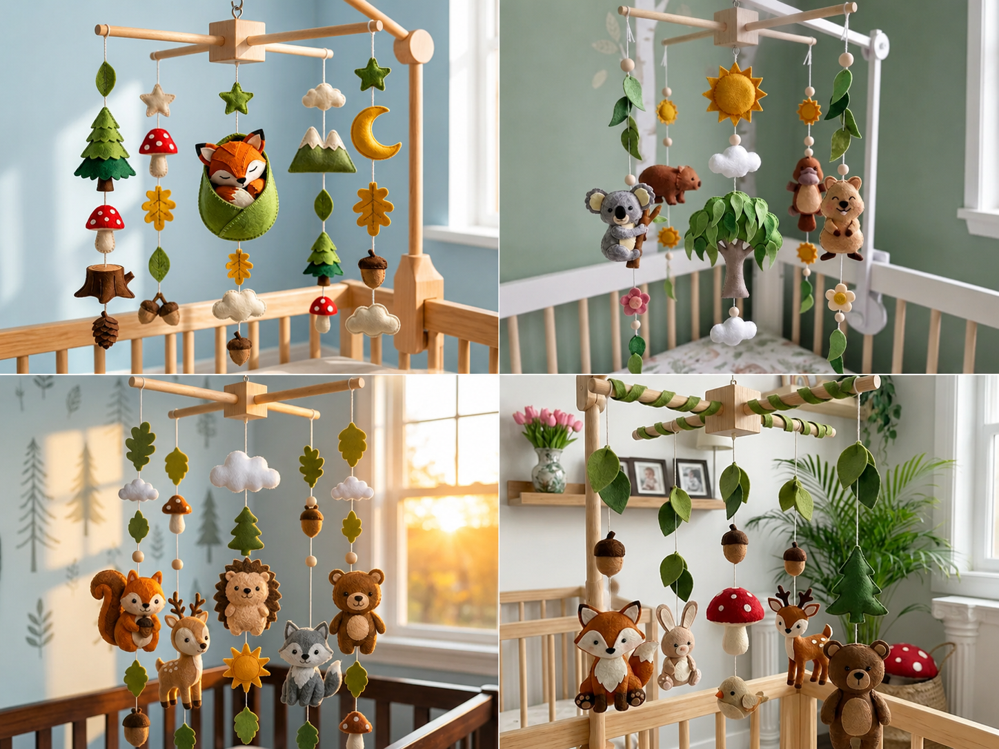 Felt woodland baby mobile collection with fox, deer, bear, rabbit, squirrel, mushrooms, acorns, leaves and forest nursery decor