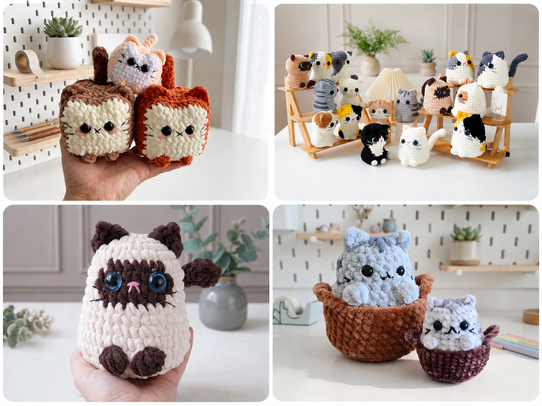 Crochet cat pattern collection featuring chunky cube cats, colorful amigurumi cats, Siamese cat and cats in baskets