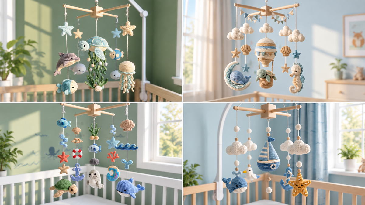 Handmade crochet ocean animal baby mobile collection featuring sea turtles, dolphins, whales, jellyfish, seahorses, fish and nautical nursery designs