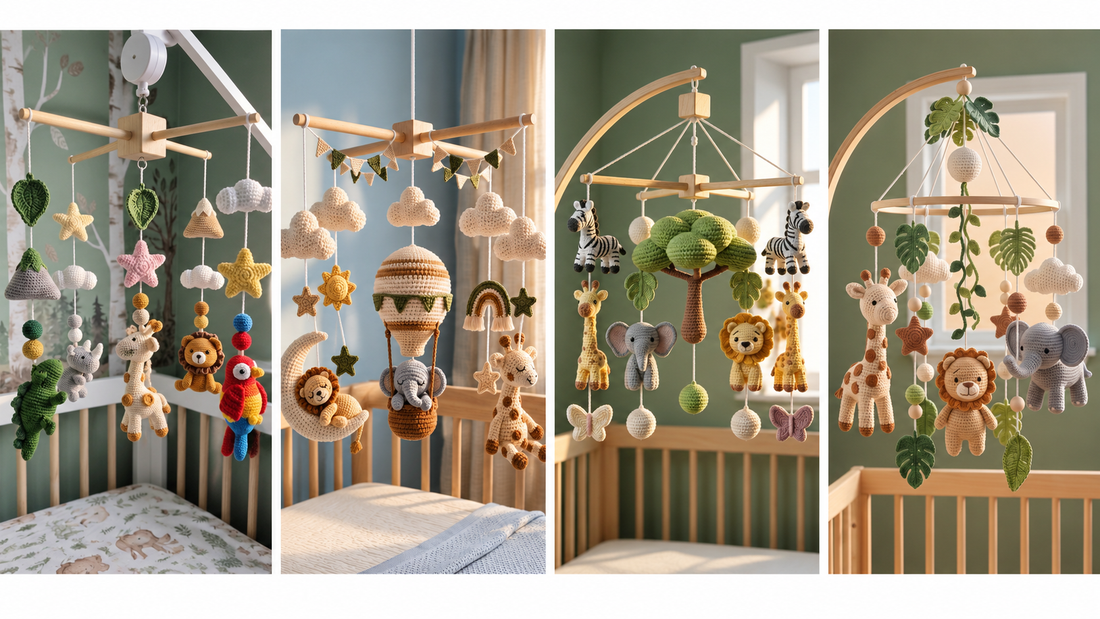 Handmade crochet safari animal baby mobile collection with lion, elephant, giraffe, zebra, monkey, parrot and jungle nursery designs