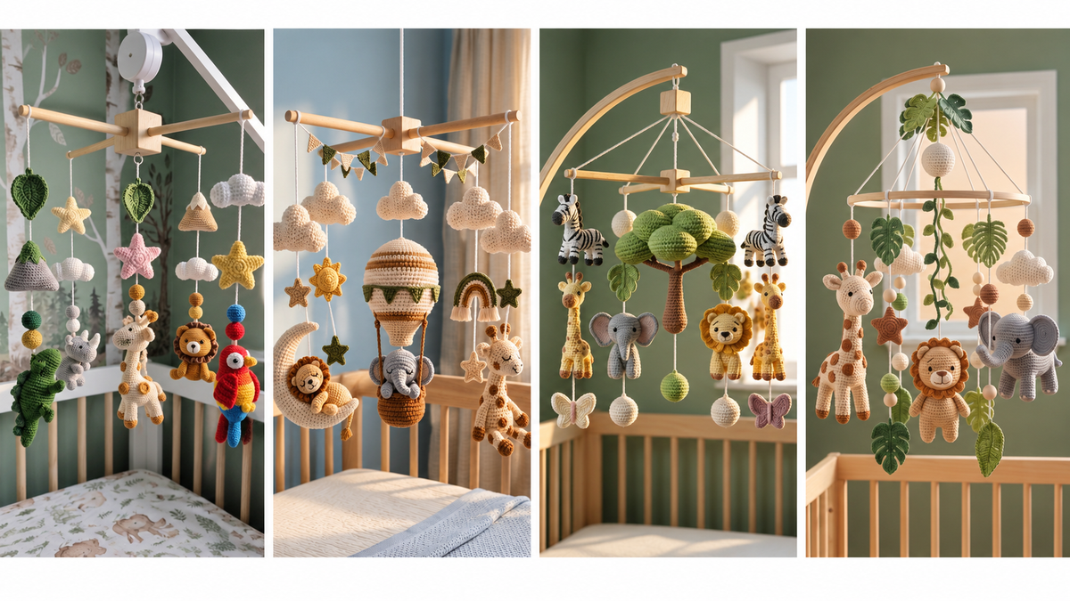 Handmade crochet safari animal baby mobile collection with lion, elephant, giraffe, zebra, monkey, parrot and jungle nursery designs