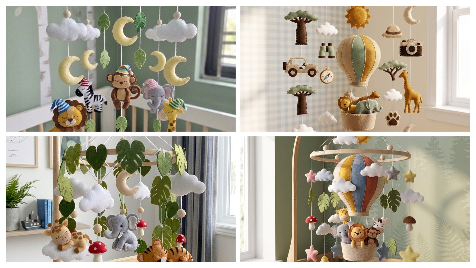 Handmade felt safari animal baby mobile collection with giraffe, elephant, lion, monkey, zebra and jungle nursery designs