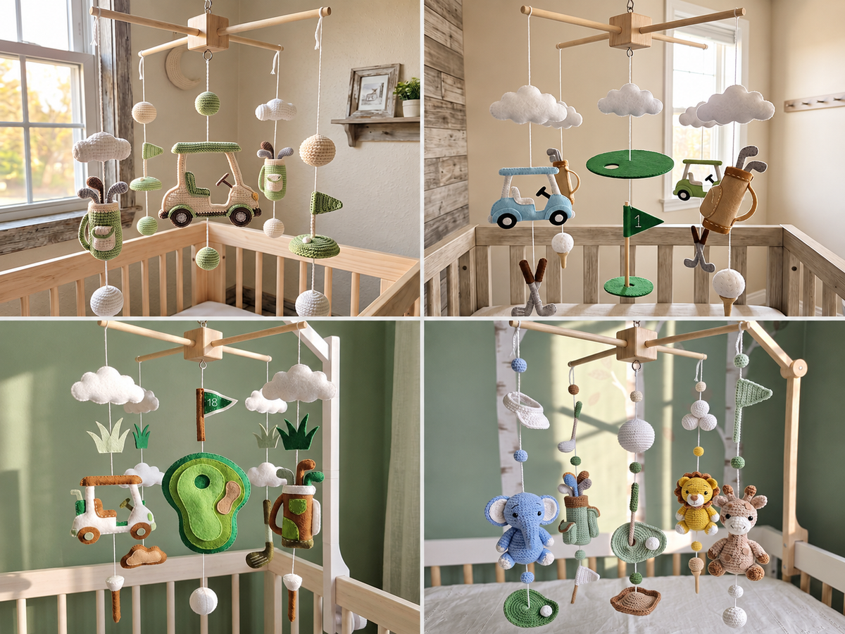 Handmade golf baby mobile collection featuring felt and crochet golf carts, bags, clubs, balls, putting greens, flags and nursery animals