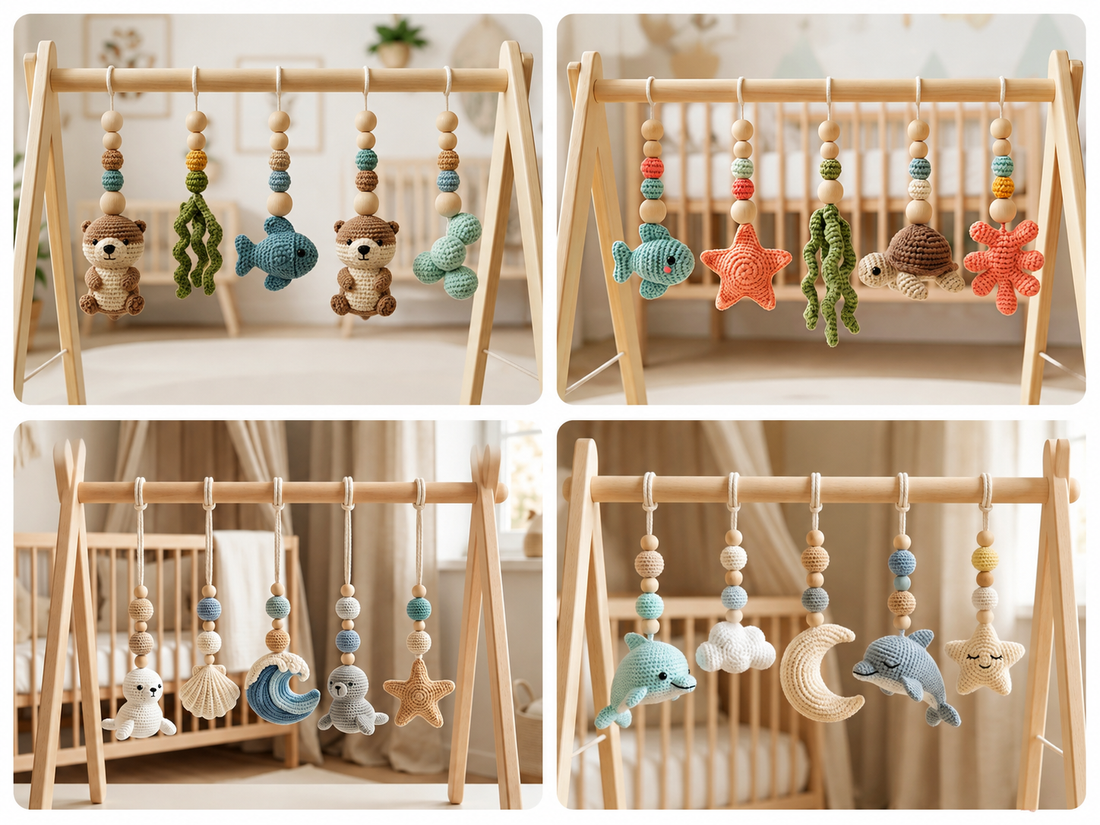 Handmade ocean baby play gym collage featuring crochet sea animal hanging toys with sea otters, fish, turtle, starfish, seal, wave, dolphins, moon, cloud and star