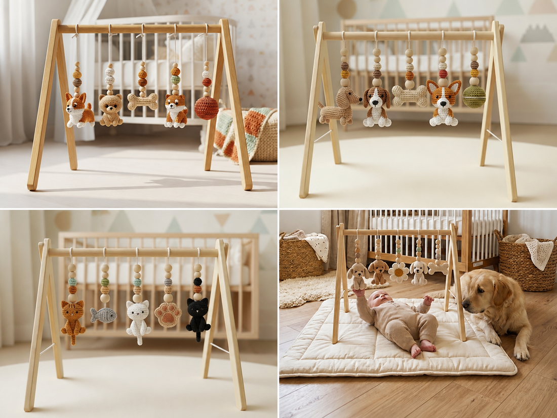 Handmade pet baby gym collection featuring crochet dogs, cats, puppies, kittens, bones, paw prints and pet-themed hanging toys