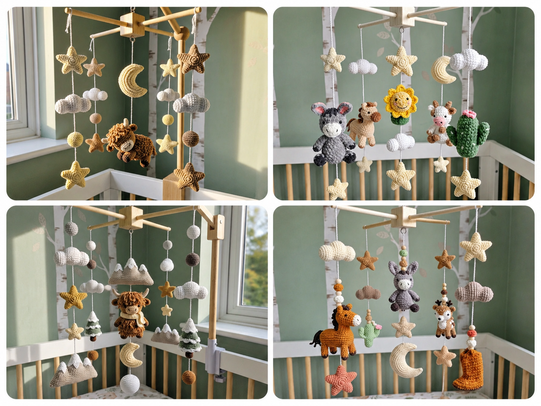 Western cowboy crochet baby mobile collection with horses, cowboy hats, boots, cows, cacti and rustic nursery decor
