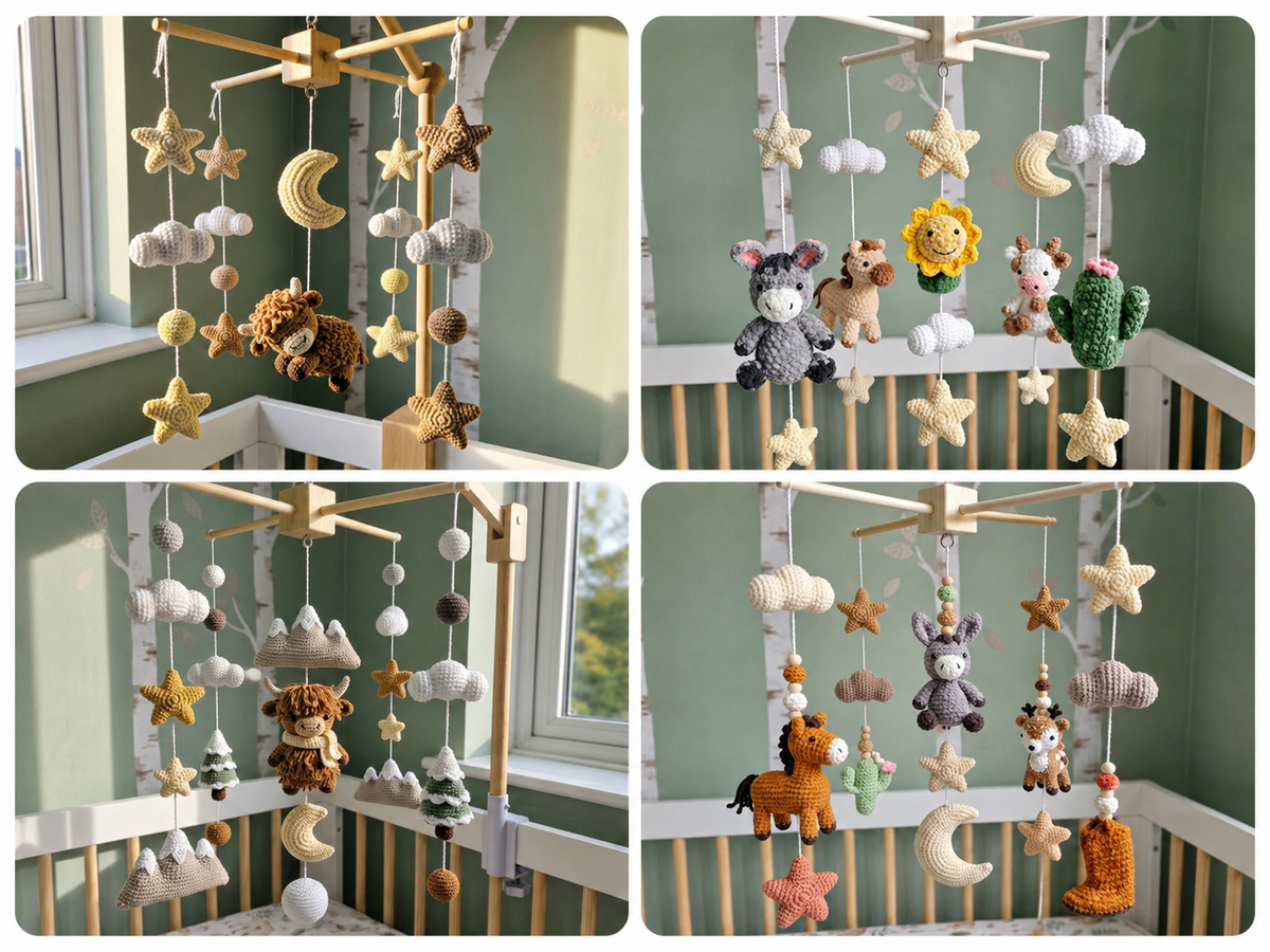 Western cowboy crochet baby mobile collection with horses, cowboy hats, boots, cows, cacti and rustic nursery decor