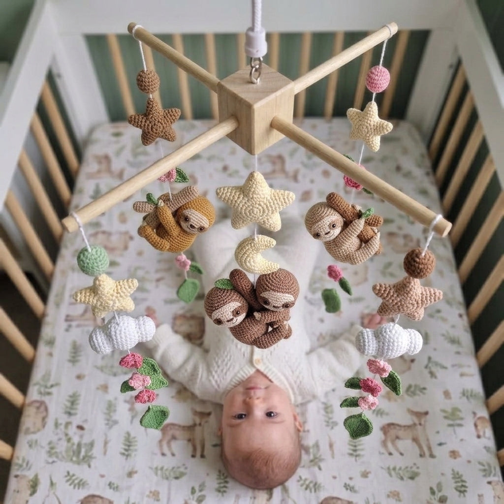 Hanging Sloth Garden Crochet Baby Mobile, Handmade Floral Crib Decor with Moon, Stars and Clouds