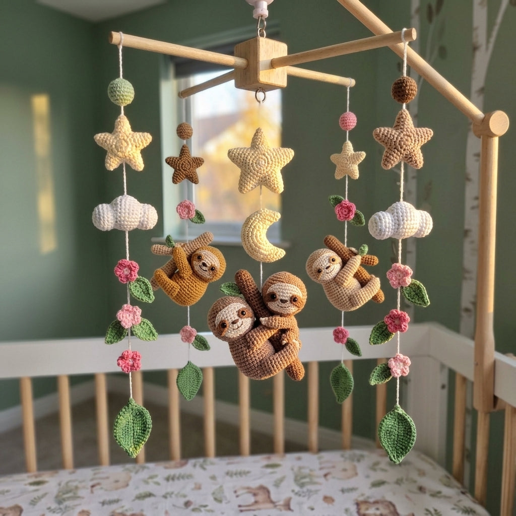 Hanging Sloth Garden Crochet Baby Mobile, Handmade Floral Crib Decor with Moon, Stars and Clouds