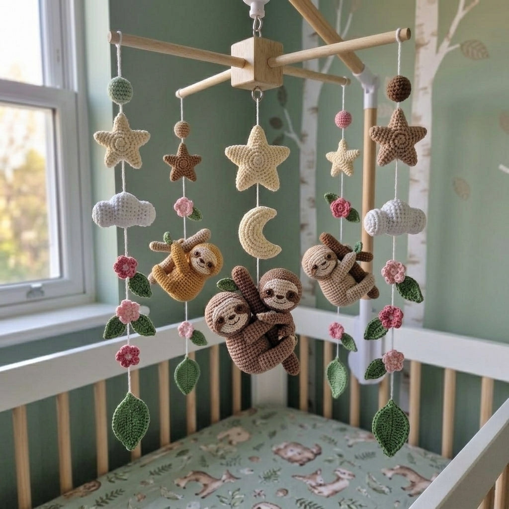 Hanging Sloth Garden Crochet Baby Mobile, Handmade Floral Crib Decor with Moon, Stars and Clouds