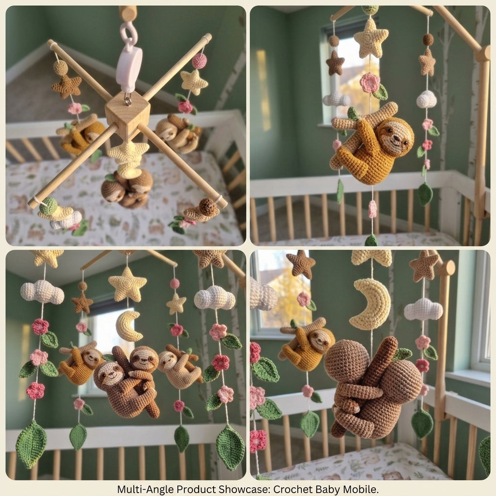 Hanging Sloth Garden Crochet Baby Mobile, Handmade Floral Crib Decor with Moon, Stars and Clouds