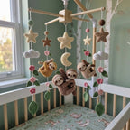 Hanging Sloth Garden Crochet Baby Mobile, Handmade Floral Crib Decor with Moon, Stars and Clouds