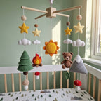 Campfire Bear Crochet Baby Mobile, Handmade Mountain Crib Hanging with Pine Tree, Sun, Stars and Mushrooms