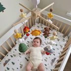 Campfire Bear Crochet Baby Mobile, Handmade Mountain Crib Hanging with Pine Tree, Sun, Stars and Mushrooms