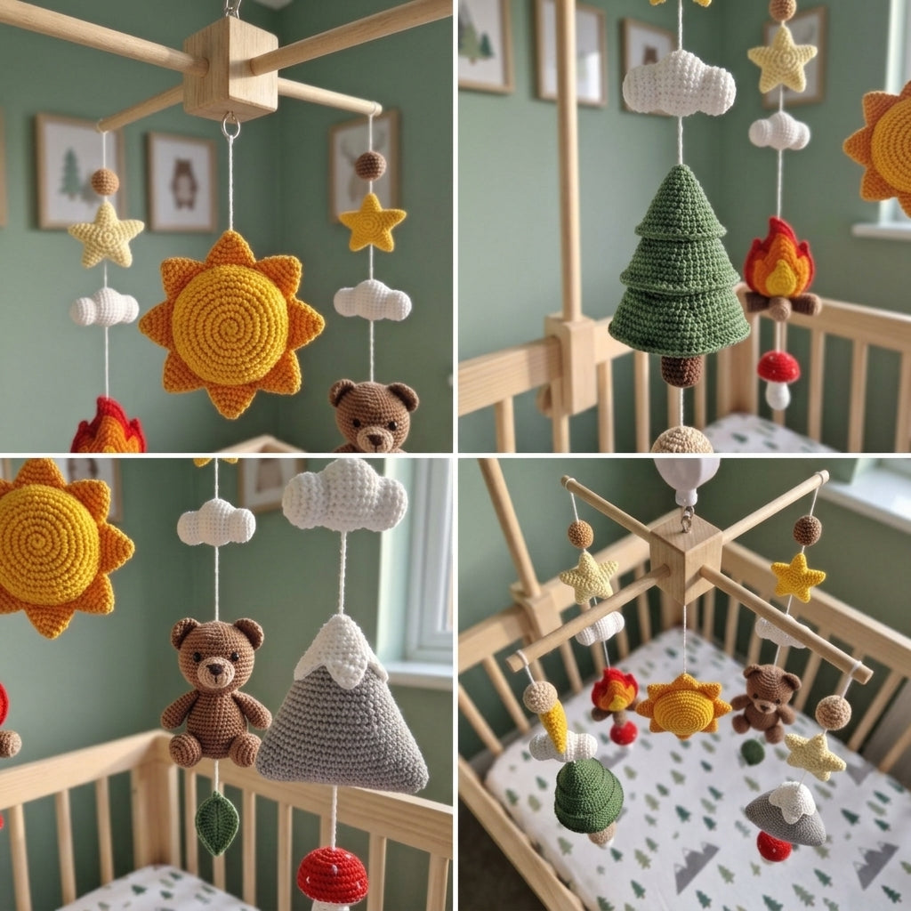 Campfire Bear Crochet Baby Mobile, Handmade Mountain Crib Hanging with Pine Tree, Sun, Stars and Mushrooms