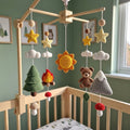 Campfire Bear Crochet Baby Mobile, Handmade Mountain Crib Hanging with Pine Tree, Sun, Stars and Mushrooms