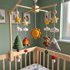 Campfire Bear Crochet Baby Mobile, Handmade Mountain Crib Hanging with Pine Tree, Sun, Stars and Mushrooms