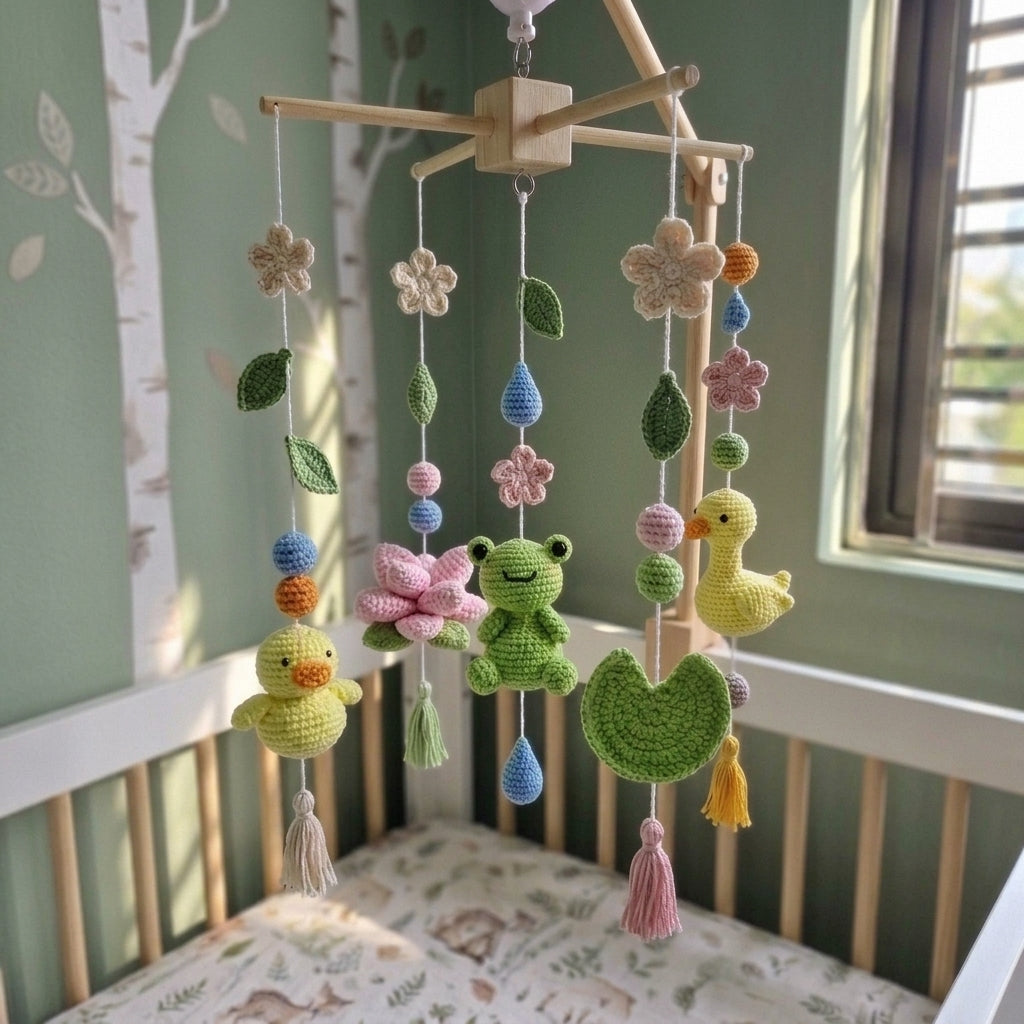 Pond Friends Crochet Baby Mobile, Handmade Frog and Duck Crib Hanging with Lotus Flowers and Raindrops