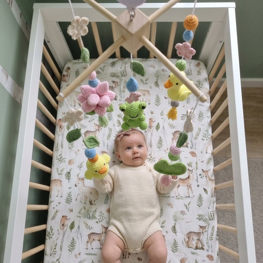 Pond Friends Crochet Baby Mobile, Handmade Frog and Duck Crib Hanging with Lotus Flowers and Raindrops