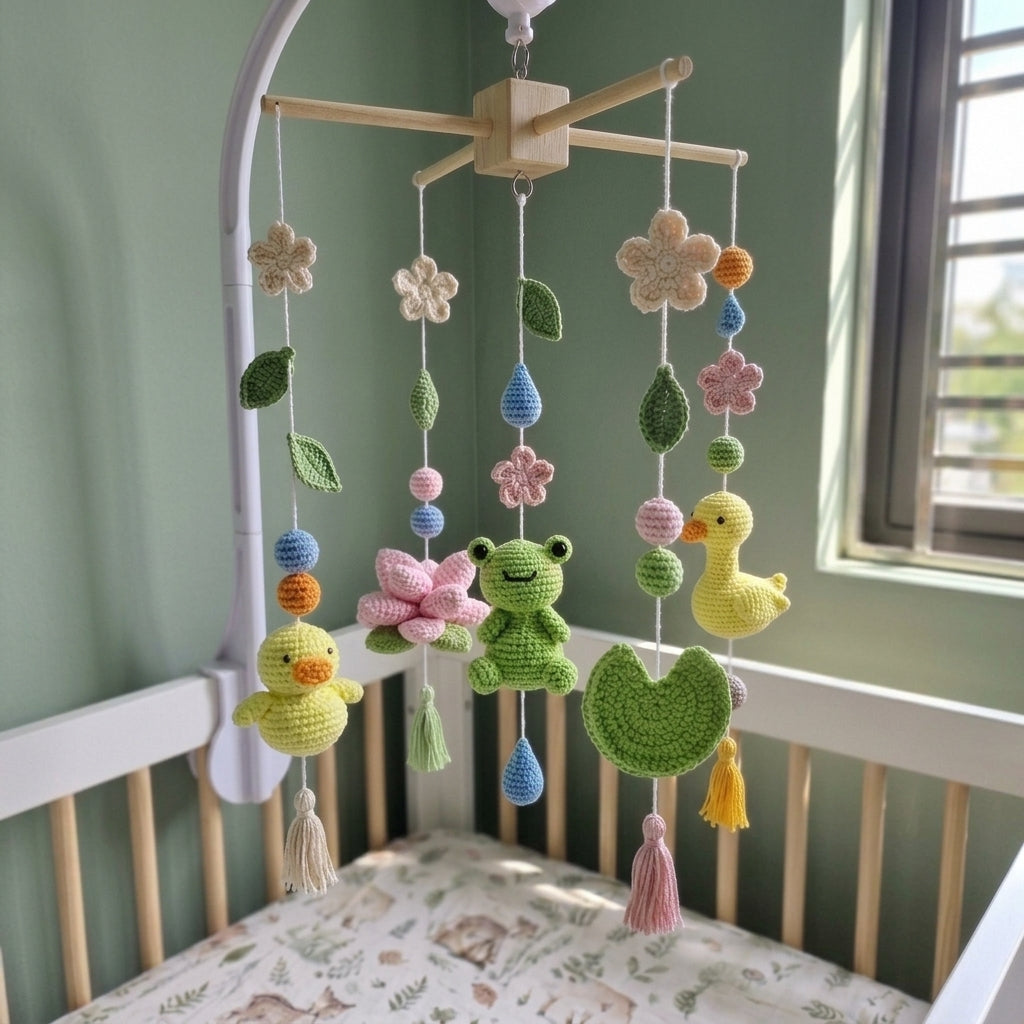 Pond Friends Crochet Baby Mobile, Handmade Frog and Duck Crib Hanging with Lotus Flowers and Raindrops