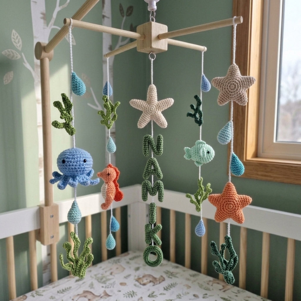 Personalized Ocean Name Crochet Baby Mobile, Handmade Underwater Crib Decor with Octopus, Seahorse and Starfish
