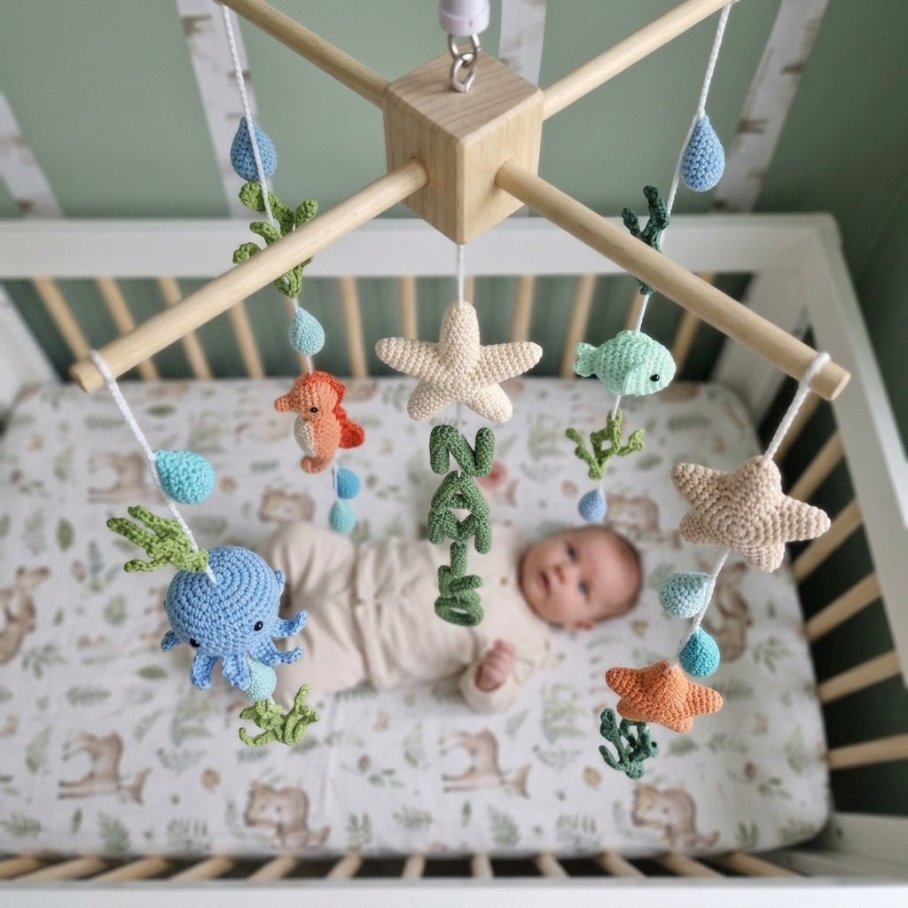 Personalized Ocean Name Crochet Baby Mobile, Handmade Underwater Crib Decor with Octopus, Seahorse and Starfish