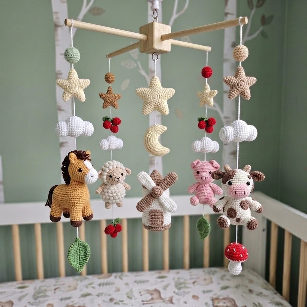 Countryside Windmill Crochet Baby Mobile, Handmade Farm Animal Crib Hanging with Moon, Stars and Clouds