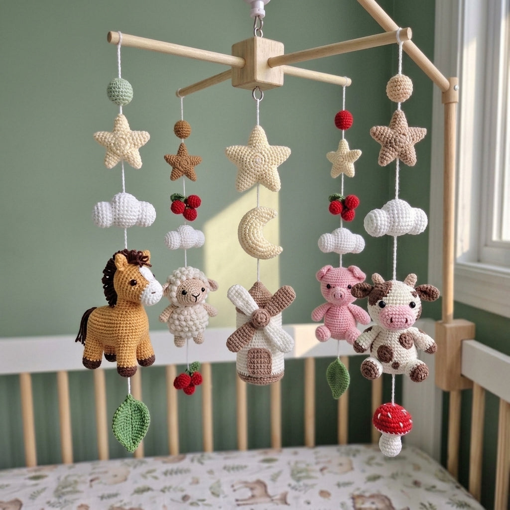Countryside Windmill Crochet Baby Mobile, Handmade Farm Animal Crib Hanging with Moon, Stars and Clouds
