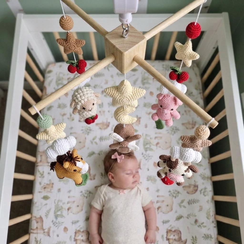 Countryside Windmill Crochet Baby Mobile, Handmade Farm Animal Crib Hanging with Moon, Stars and Clouds