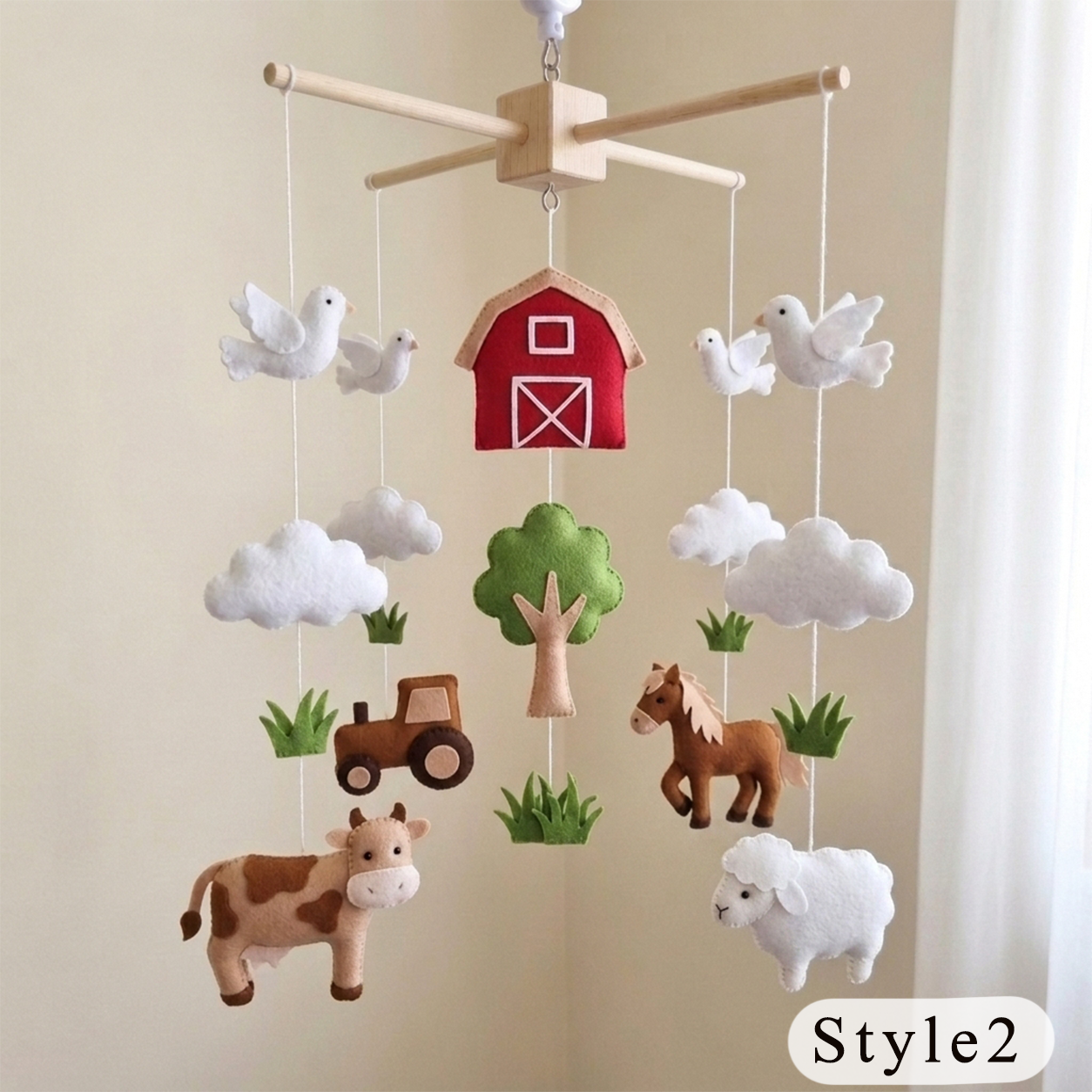 Handmade Farm Crib Hanging with Tractor, Cow, Sheep and Doves