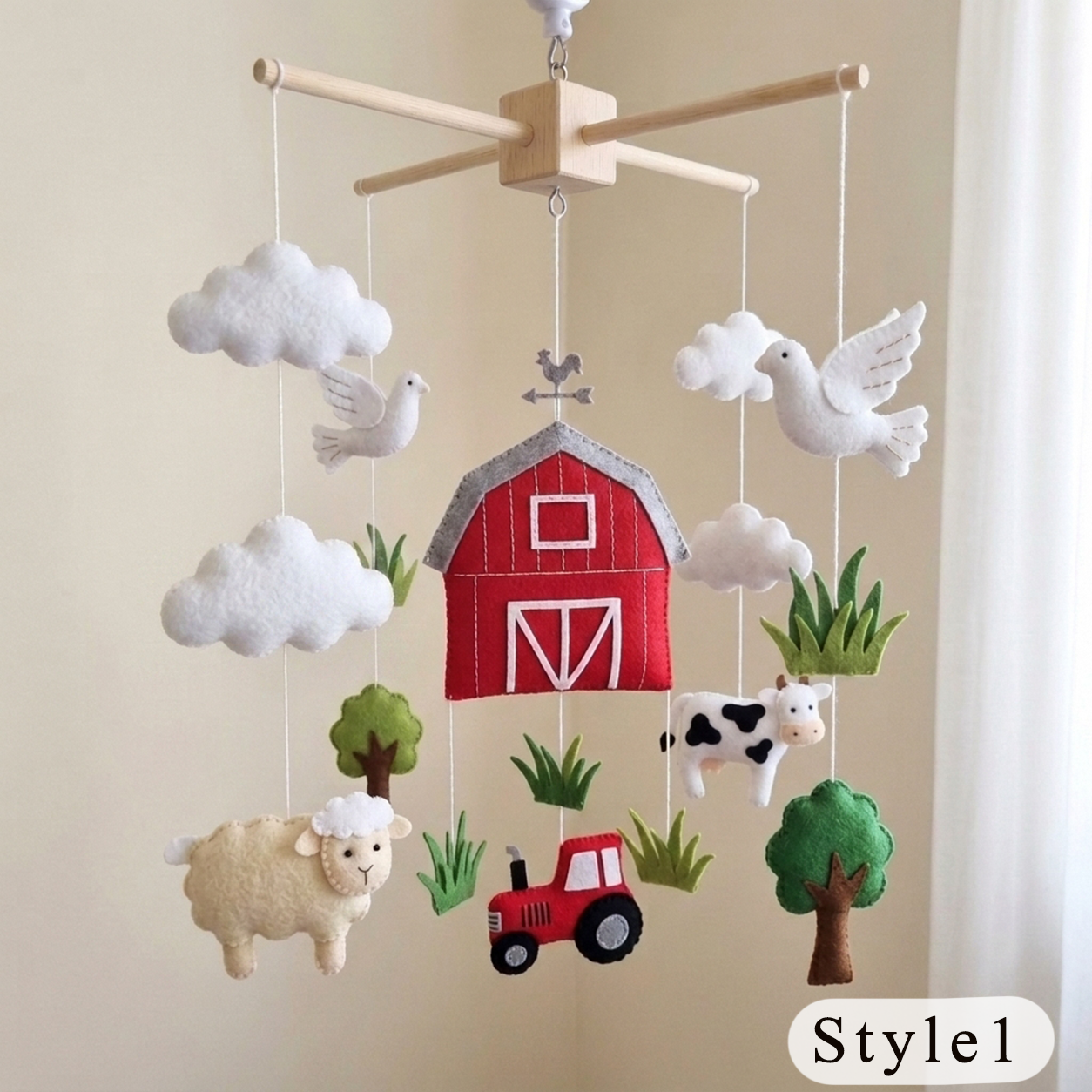 Handmade Farm Crib Hanging with Tractor, Cow, Sheep and Doves