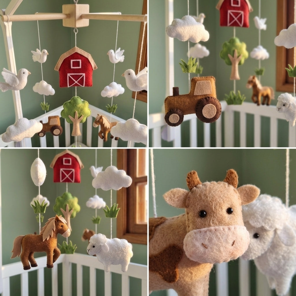 Handmade Farm Crib Hanging with Tractor, Cow, Sheep and Doves