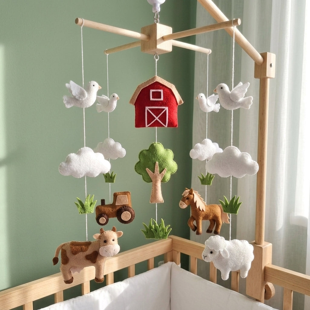 Handmade Farm Crib Hanging with Tractor, Cow, Sheep and Doves