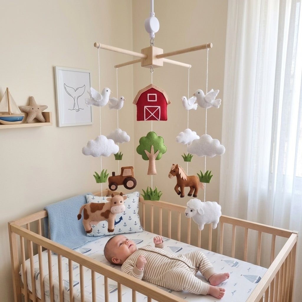 Handmade Farm Crib Hanging with Tractor, Cow, Sheep and Doves