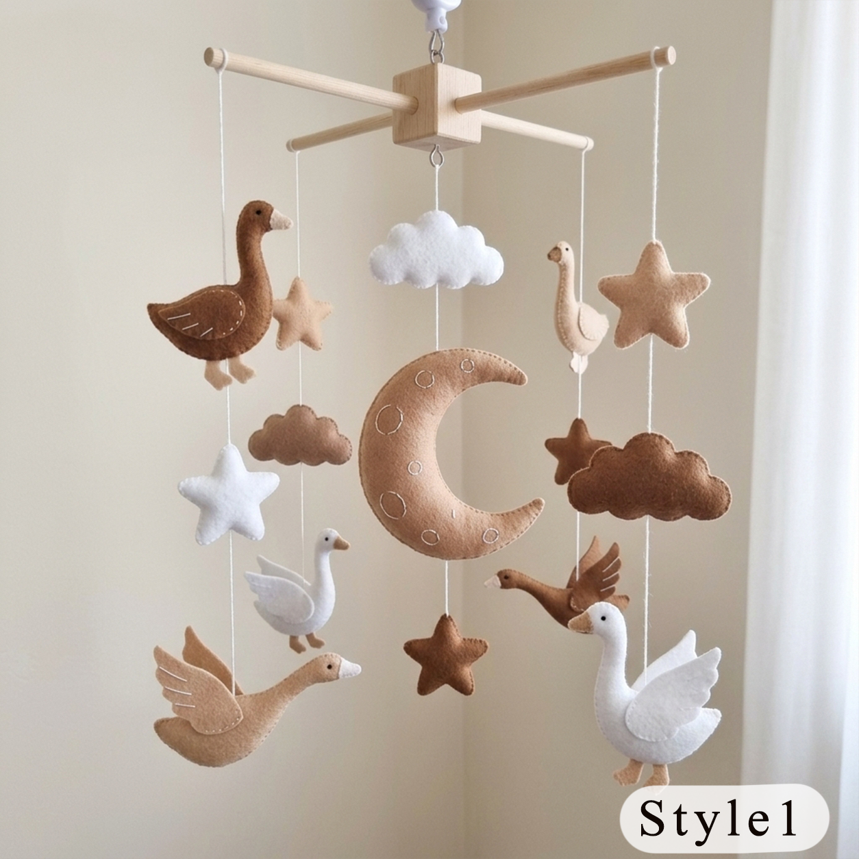 Flying Geese Felt Baby Mobile, Handmade Moon and Stars Crib Hanging, Neutral Bird Nursery Decor