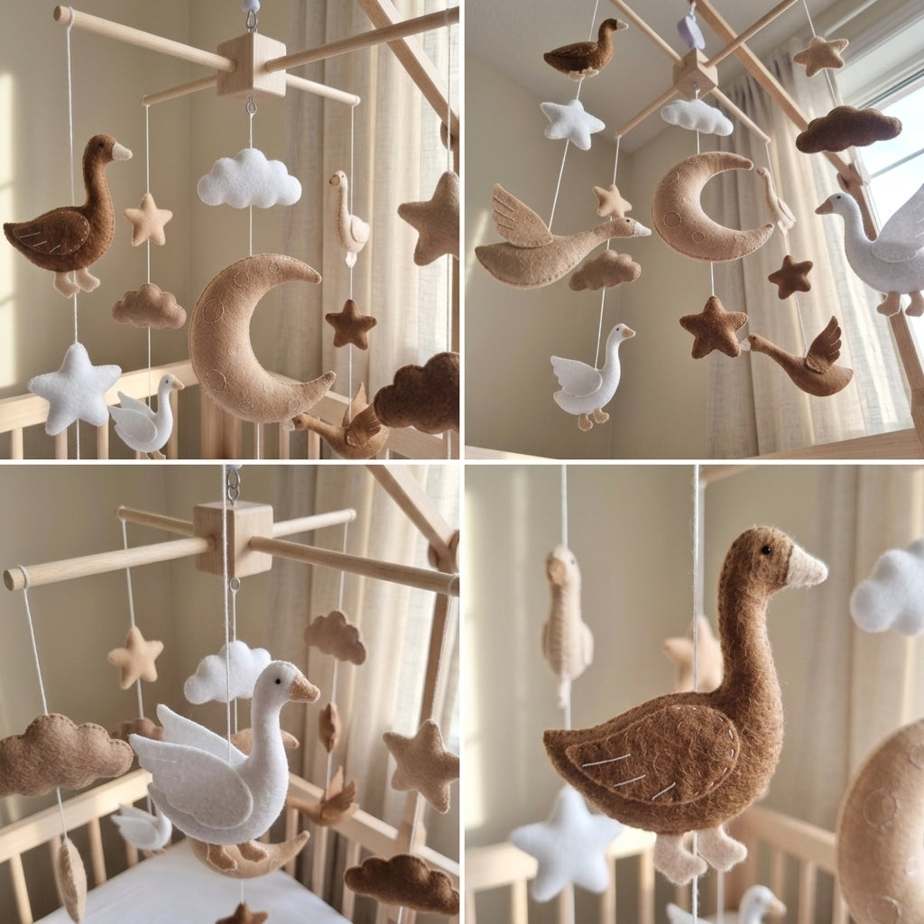 Flying Geese Felt Baby Mobile, Handmade Moon and Stars Crib Hanging, Neutral Bird Nursery Decor