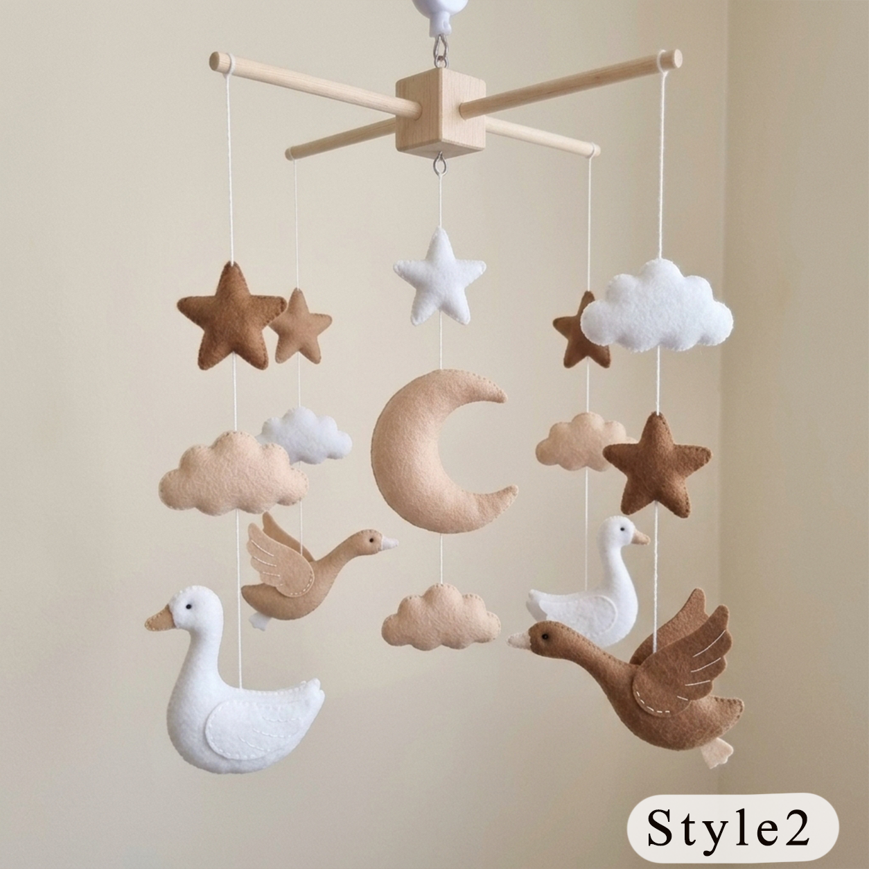 Flying Geese Felt Baby Mobile, Handmade Moon and Stars Crib Hanging, Neutral Bird Nursery Decor